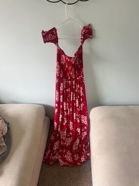 Floral Red Maxi Dress with Puff Sleeves